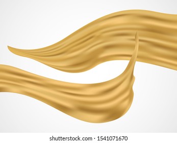 Gold fabric that flows or blown into the air on grey gradient background. Vector illustration.