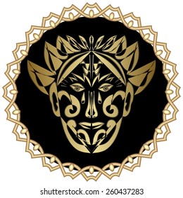 Gold face in black circle with gold edge, iconic mask, avatar