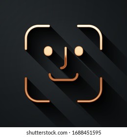Gold Face recognition icon isolated on black background. Face identification scanner icon. Facial id. Cyber security concept. Long shadow style. Vector Illustration