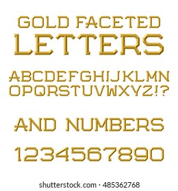 Gold faceted letters and numbers. Trendy and stylish font. Isolated latin alphabet with figures.