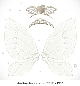 Gold fairy wings with two tiaras bundled isolated on a white background
