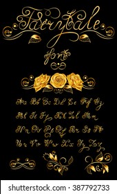 Gold Fairytale, Vector Hand Drawn Calligraphic Font. Handmade Calligraphy Tattoo Alphabet. Quote Text. ABC.English Lettering: Lowercase, Uppercase. Script, Vintage, Handcrafted, Retro Letters.
