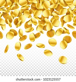 Gold falling 3D coins on transparent background, horizontally seamless vector illustration 