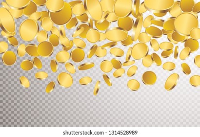 Gold falling 3D coins on transparent background, horizontally abstract vector illustration 