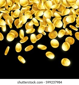 Goldene fallende 3D-Münzen auf schwarzem Hintergrund, Regen von Münzen horizontal nahtlose Vektorgrafik