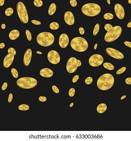 Gold falling 3d coins on black background, rain of coins