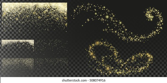 Gold Falling Christmas snow, isolated on transparent background. Golden Snowflakes, snowfall, winter blizzard. Drawn elements, Vector illustration, separated editable layers, brushes for creation.