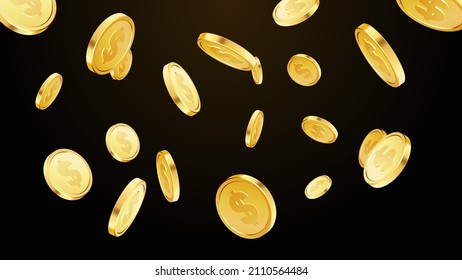 Gold falling coins. Coins rain. Gambling game, casino 3d golden cash. Background for jackpot win. Flying money. Money vortex. 3d realistic coins. Vector illustration