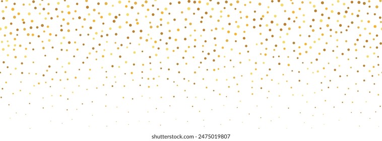 Gold falling confetti background. Repeated golden dotted glitter pattern. Yellow, orange and golden dots wallpaper. Celebration Christmas, New Year or birthday party decoration. Vector backdrop