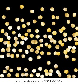 Gold Falling Confetti Isolated on Black Background. Dark Festive Pattern with Sparkles for Christmas and New Year Decoration, Birthday Invitation, Poster or Greeting Card. Vector Gold Confetti.