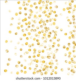 Gold Falling Confetti Isolated on Black Background. Dark Festive Pattern with Sparkles for Christmas and New Year Decoration, Birthday Invitation, Poster or Greeting Card. Vector Gold Confetti.