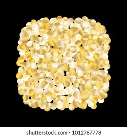 Gold Falling Confetti Isolated on Black Background. Dark Festive Pattern with Sparkles for Christmas and New Year Decoration, Birthday Invitation, Poster or Greeting Card. Vector Gold Confetti.