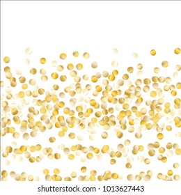 Gold Falling Confetti Isolated on Black Background. Dark Festive Pattern with Sparkles for Christmas and New Year Decoration, Birthday Invitation, Poster or Greeting Card. Vector Gold Confetti.