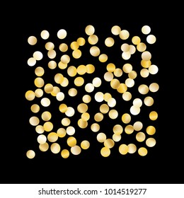 Gold Falling Confetti Isolated on Black Background. Dark Festive Pattern with Sparkles for Christmas and New Year Decoration, Birthday Invitation, Poster or Greeting Card. Vector Gold Confetti.