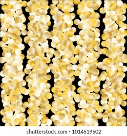 Gold Falling Confetti Isolated on Black Background. Dark Festive Pattern with Sparkles for Christmas and New Year Decoration, Birthday Invitation, Poster or Greeting Card. Vector Gold Confetti.