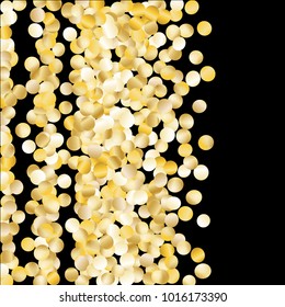 Gold Falling Confetti Isolated on Black Background. Dark Festive Pattern with Sparkles for Christmas and New Year Decoration, Birthday Invitation, Poster or Greeting Card. Vector Gold Confetti.