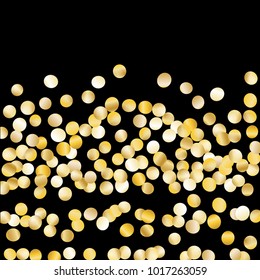Gold Falling Confetti Isolated on Black Background. Dark Festive Pattern with Sparkles for Christmas and New Year Decoration, Birthday Invitation, Poster or Greeting Card. Vector Gold Confetti.