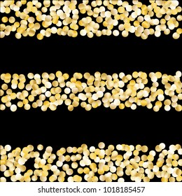 Gold Falling Confetti Isolated on Black Background. Dark Festive Pattern with Sparkles for Christmas and New Year Decoration, Birthday Invitation, Poster or Greeting Card. Vector Gold Confetti.