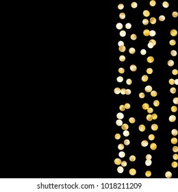 Gold Falling Confetti Isolated on Black Background. Dark Festive Pattern with Sparkles for Christmas and New Year Decoration, Birthday Invitation, Poster or Greeting Card. Vector Gold Confetti.