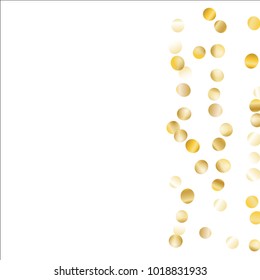 Gold Falling Confetti Isolated on Black Background. Dark Festive Pattern with Sparkles for Christmas and New Year Decoration, Birthday Invitation, Poster or Greeting Card. Vector Gold Confetti.