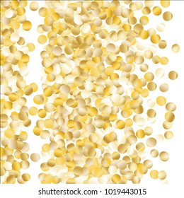 Gold Falling Confetti Isolated on Black Background. Dark Festive Pattern with Sparkles for Christmas and New Year Decoration, Birthday Invitation, Poster or Greeting Card. Vector Gold Confetti.