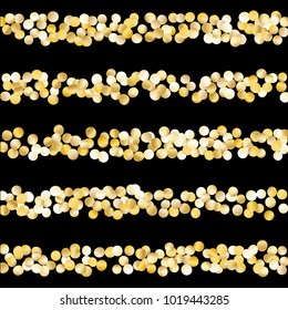 Gold Falling Confetti Isolated on Black Background. Dark Festive Pattern with Sparkles for Christmas and New Year Decoration, Birthday Invitation, Poster or Greeting Card. Vector Gold Confetti.