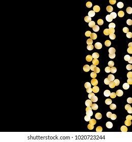 Gold Falling Confetti Isolated on Black Background. Dark Festive Pattern with Sparkles for Christmas and New Year Decoration, Birthday Invitation, Poster or Greeting Card. Vector Gold Confetti.