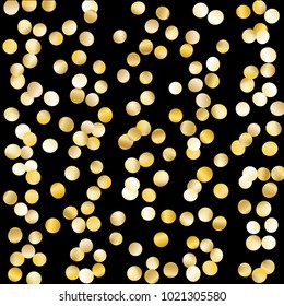 Gold Falling Confetti Isolated on Black Background. Dark Festive Pattern with Sparkles for Christmas and New Year Decoration, Birthday Invitation, Poster or Greeting Card. Vector Gold Confetti.