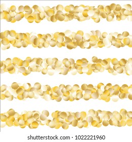 Gold Falling Confetti Isolated on Black Background. Dark Festive Pattern with Sparkles for Christmas and New Year Decoration, Birthday Invitation, Poster or Greeting Card. Vector Gold Confetti.
