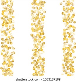 Gold Falling Confetti Isolated on Black Background. Dark Festive Pattern with Sparkles for Christmas and New Year Decoration, Birthday Invitation, Poster or Greeting Card. Vector Gold Confetti.