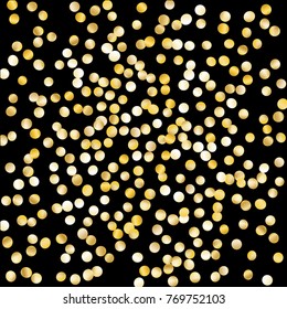 Gold Falling Confetti Isolated on Black Background. Dark Festive Pattern with Sparkles for Christmas and New Year Decoration, Birthday Invitation, Poster or Greeting Card. Vector Gold Confetti.