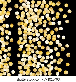 Gold Falling Confetti Isolated on Black Background. Dark Festive Pattern with Sparkles for Christmas and New Year Decoration, Birthday Invitation, Poster or Greeting Card. Vector Gold Confetti.