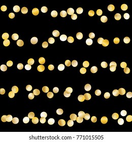 Gold Falling Confetti Isolated on Black Background. Dark Festive Pattern with Sparkles for Christmas and New Year Decoration, Birthday Invitation, Poster or Greeting Card. Vector Gold Confetti.