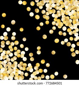 Gold Falling Confetti Isolated on Black Background. Dark Festive Pattern with Sparkles for Christmas and New Year Decoration, Birthday Invitation, Poster or Greeting Card. Vector Gold Confetti.