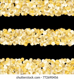 Gold Falling Confetti Isolated on Black Background. Dark Festive Pattern with Sparkles for Christmas and New Year Decoration, Birthday Invitation, Poster or Greeting Card. Vector Gold Confetti.