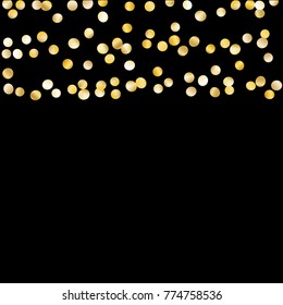 Gold Falling Confetti Isolated on Black Background. Dark Festive Pattern with Sparkles for Christmas and New Year Decoration, Birthday Invitation, Poster or Greeting Card. Vector Gold Confetti.
