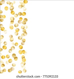 Gold Falling Confetti Isolated on Black Background. Dark Festive Pattern with Sparkles for Christmas and New Year Decoration, Birthday Invitation, Poster or Greeting Card. Vector Gold Confetti.