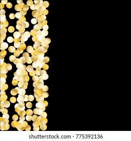 Gold Falling Confetti Isolated on Black Background. Dark Festive Pattern with Sparkles for Christmas and New Year Decoration, Birthday Invitation, Poster or Greeting Card. Vector Gold Confetti.
