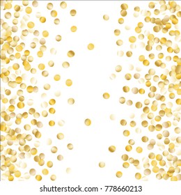 Gold Falling Confetti Isolated on Black Background. Dark Festive Pattern with Sparkles for Christmas and New Year Decoration, Birthday Invitation, Poster or Greeting Card. Vector Gold Confetti.