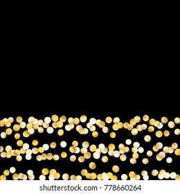 Gold Falling Confetti Isolated on Black Background. Dark Festive Pattern with Sparkles for Christmas and New Year Decoration, Birthday Invitation, Poster or Greeting Card. Vector Gold Confetti.