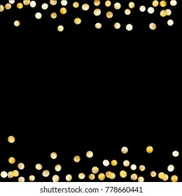 Gold Falling Confetti Isolated on Black Background. Light Festive Pattern with Glitter for Christmas and New Year Decoration, Birthday Invitation, Poster or Greeting Card. Vector Gold Confetti.