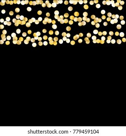 Gold Falling Confetti Isolated on Black Background. Dark Festive Pattern with Sparkles for Christmas and New Year Decoration, Birthday Invitation, Poster or Greeting Card. Vector Gold Confetti.