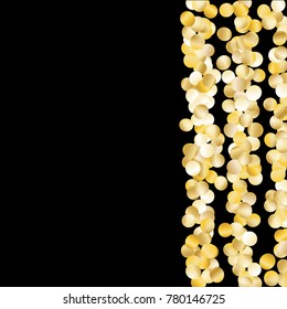 Gold Falling Confetti Isolated on Black Background. Dark Festive Pattern with Sparkles for Christmas and New Year Decoration, Birthday Invitation, Poster or Greeting Card. Vector Gold Confetti.