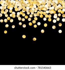 Gold Falling Confetti Isolated on Black Background. Dark Festive Pattern with Tinsels for Christmas and New Year Decoration, Birthday Invitation, Poster or Greeting Card. Vector Gold Confetti.