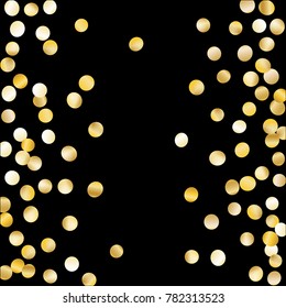 Gold Falling Confetti Isolated on Black Background. Dark Festive Pattern with Sparkles for Christmas and New Year Decoration, Birthday Invitation, Poster or Greeting Card. Vector Gold Confetti.