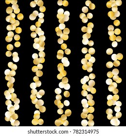 Gold Falling Confetti Isolated on Black Background. Dark Festive Pattern with Sparkles for Christmas and New Year Decoration, Birthday Invitation, Poster or Greeting Card. Vector Gold Confetti.