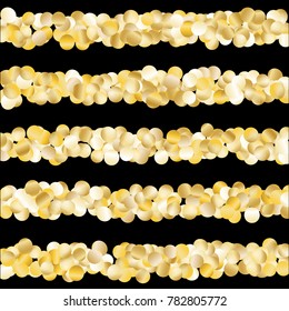 Gold Falling Confetti Isolated on Black Background. Dark Festive Pattern with Sparkles for Christmas and New Year Decoration, Birthday Invitation, Poster or Greeting Card. Vector Gold Confetti.