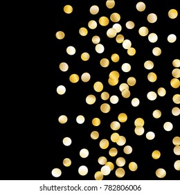 Gold Falling Confetti Isolated on Black Background. Dark Festive Pattern with Sparkles for Christmas and New Year Decoration, Birthday Invitation, Poster or Greeting Card. Vector Gold Confetti.