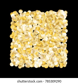 Gold Falling Confetti Isolated on Black Background. Dark Festive Pattern with Sparkles for Christmas and New Year Decoration, Birthday Invitation, Poster or Greeting Card. Vector Gold Confetti.