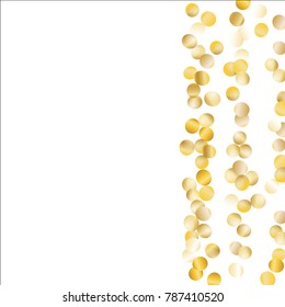 Gold Falling Confetti Isolated on Black Background. Dark Festive Pattern with Sparkles for Christmas and New Year Decoration, Birthday Invitation, Poster or Greeting Card. Vector Gold Confetti.